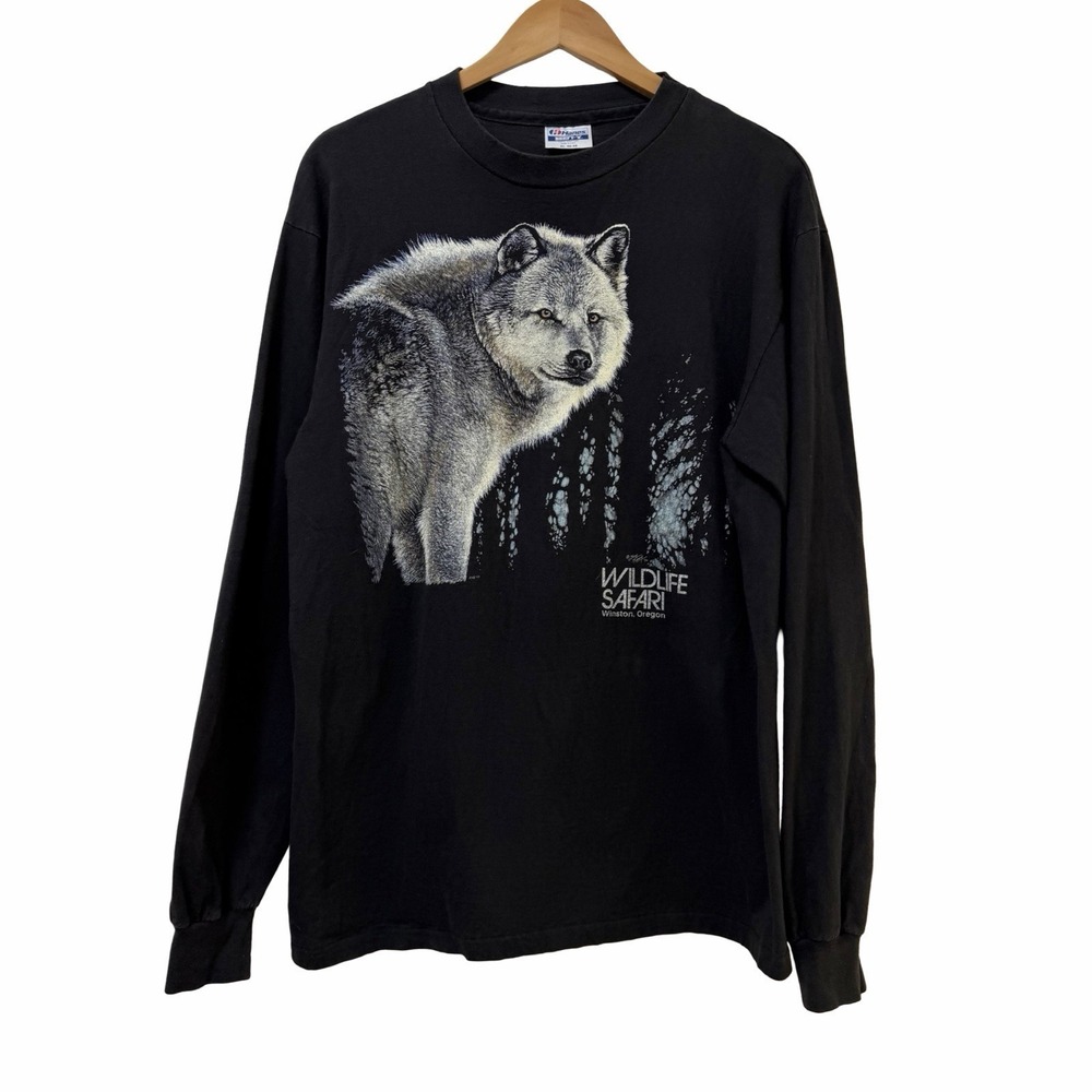VTG Mens Hanes Wolf National Wildlife Graphic T Shirt Size XL USA 90s Gray Ghost